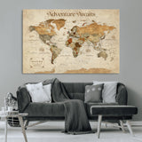 18685073-MGV-CV-36X24-Personalized World Map Wall Art – Antique Vintage Parchment Adventure Awaits Travel Map with Custom Couple Names, Rustic Wall