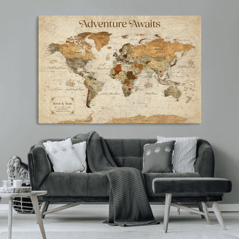 18685073-MGV-CV-36X24-Personalized World Map Wall Art – Antique Vintage Parchment Adventure Awaits Travel Map with Custom Couple Names, Rustic Wall