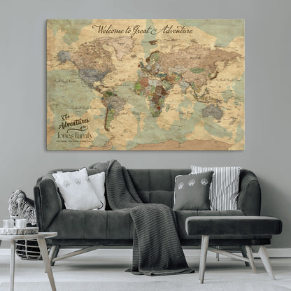 32019746-MGV-CV-36X24-Personalized World Map Wall Art – Vintage Camo Adventure Travel Map with Custom Family Names, Rustic Wall Decor for Couples, Home