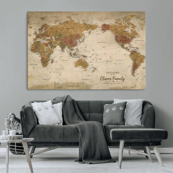 31874045-MGV-CV-36X24-Personalized World Map Wall Art – Vintage Earth Tone Adventure Map with Custom Family Names, Rustic Travel Decor for Home, Couples