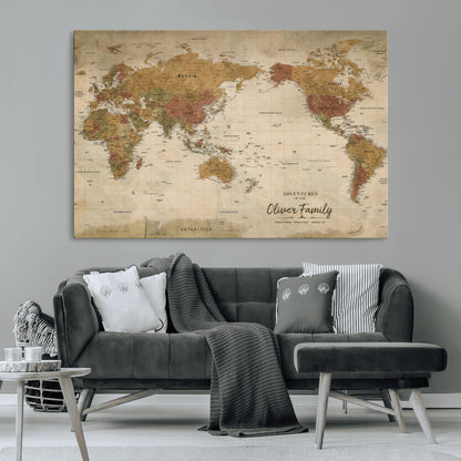 31874045-MGV-CV-36X24-Personalized World Map Wall Art – Vintage Earth Tone Adventure Map with Custom Family Names, Rustic Travel Decor for Home, Couples