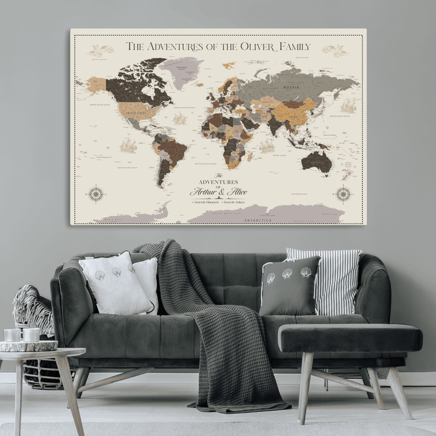 40679469-MGV-CV-36X24-Personalized World Map Wall Art – Neutral Tones Adventure Travel Map with Custom Family Names, Rustic Wall Decor for Living Room