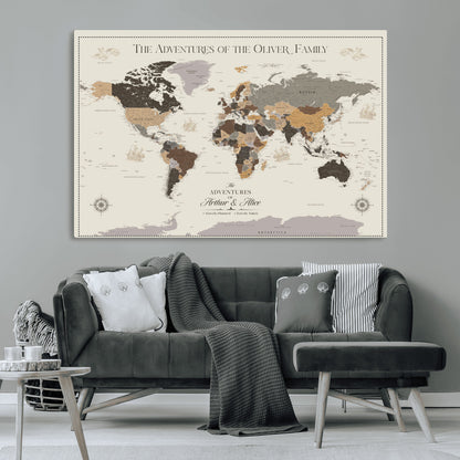 40679469-MGV-CV-36X24-Personalized World Map Wall Art – Neutral Tones Adventure Travel Map with Custom Family Names, Rustic Wall Decor for Living Room