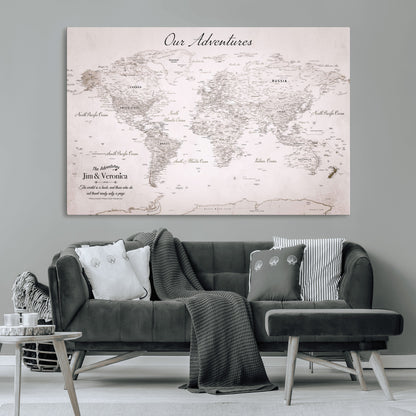 11706567-MGV-CV-36X24-Personalized World Map Wall Art – Minimalist Beige Adventure Travel Map with Custom Names, Elegant Push Pin Canvas for Couples,