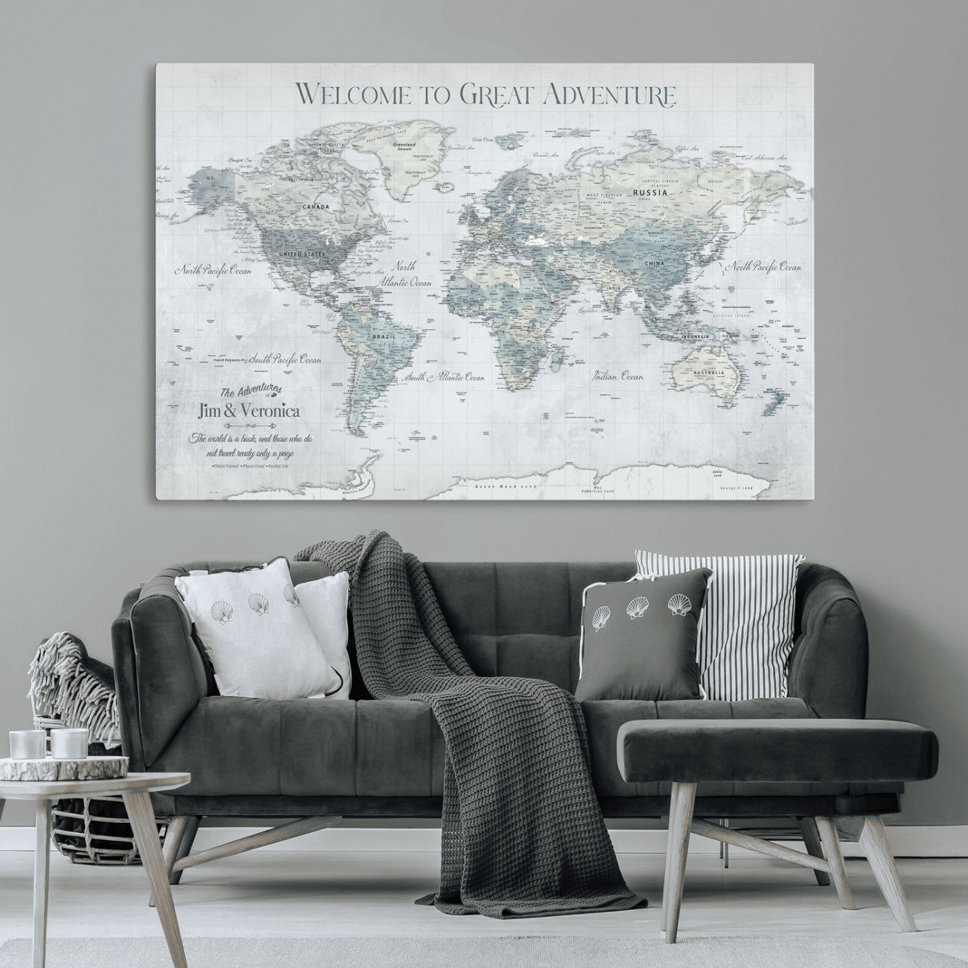 70605050-MGV-CV-36X24-Personalized World Map Wall Art – Cool Gray Adventure Travel Map with Custom Names, Elegant Push Pin Canvas for Couples, Family