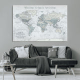 70605050-MGV-CV-36X24-Personalized World Map Wall Art – Cool Gray Adventure Travel Map with Custom Names, Elegant Push Pin Canvas for Couples, Family