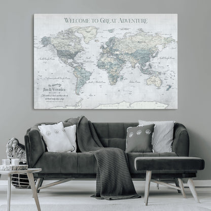 70605050-MGV-CV-36X24-Personalized World Map Wall Art – Cool Gray Adventure Travel Map with Custom Names, Elegant Push Pin Canvas for Couples, Family