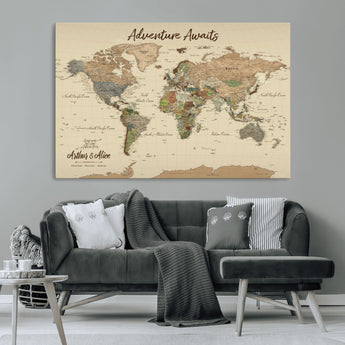 53442996-MGV-CV-36X24-Personalized World Map Wall Art – Adventure Awaits Vintage Travel Map with Custom Couple Names, Rustic Wall Decor for Home,