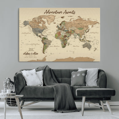 53442996-MGV-CV-36X24-Personalized World Map Wall Art – Adventure Awaits Vintage Travel Map with Custom Couple Names, Rustic Wall Decor for Home,