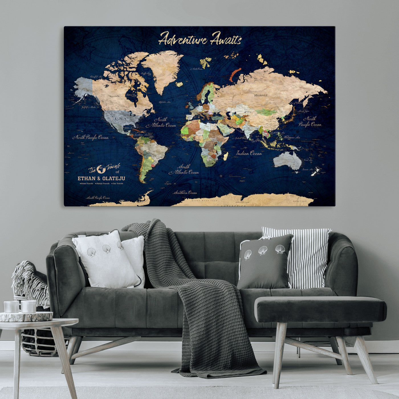 80965072-MGV-CV-36X24-Personalized World Map Wall Art – Adventure Awaits Navy Blue Travel Map with Custom Names, Rustic Vintage Wall Decor for Couples,