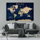 80965072-MGV-CV-36X24-Personalized World Map Wall Art – Adventure Awaits Navy Blue Travel Map with Custom Names, Rustic Vintage Wall Decor for Couples,