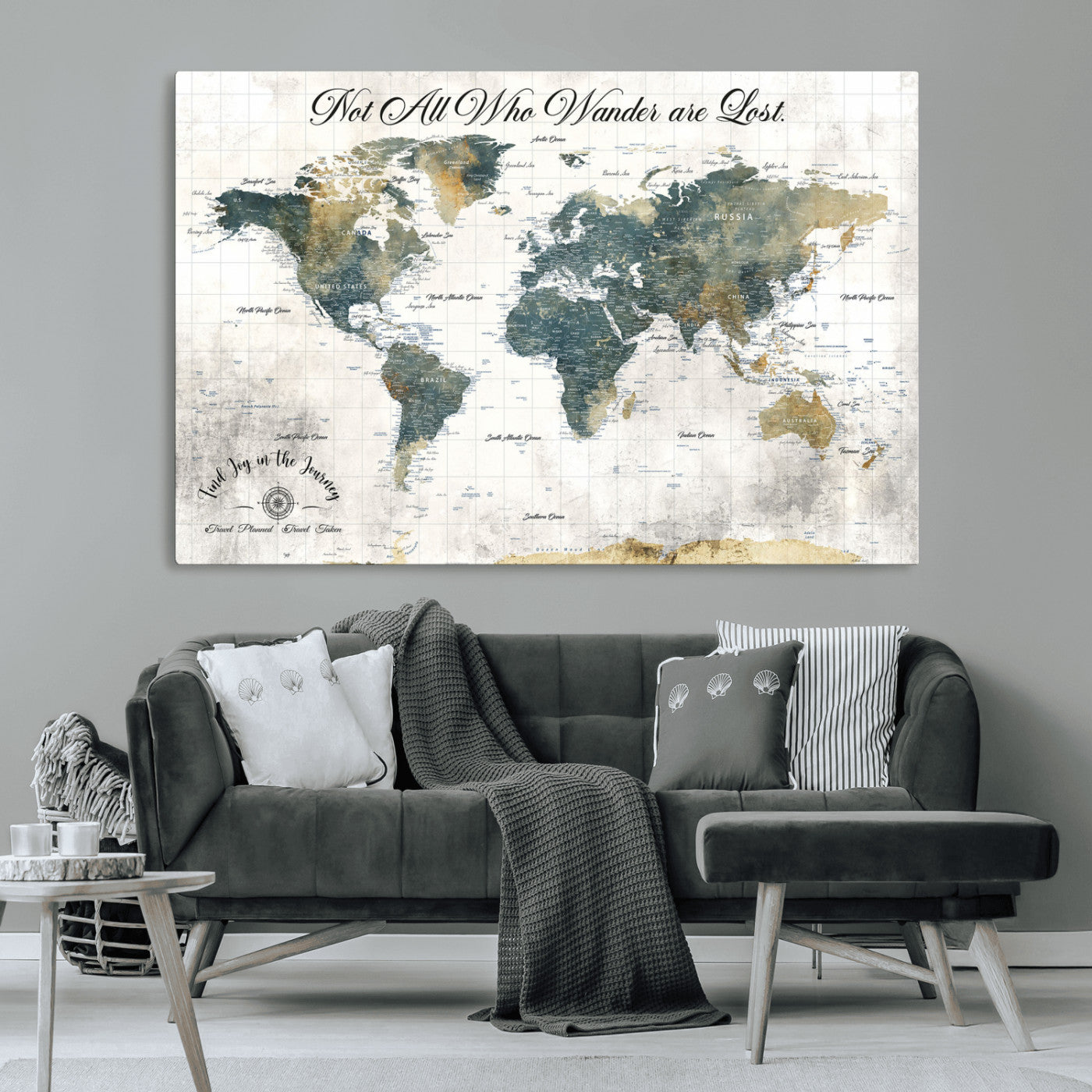 16233493-MGV-CV-36X24-Personalized World Map Wall Art – Rustic Blue Green Wanderlust Travel Map with Custom Couple Names, Vintage Wall Decor for Home