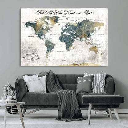 16233493-MGV-CV-36X24-Personalized World Map Wall Art – Rustic Blue Green Wanderlust Travel Map with Custom Couple Names, Vintage Wall Decor for Home
