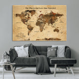 50680593-MGV-CV-36X24-Personalized World Map Wall Art – Rustic Brown Adventure Travel Map with Custom Names, Elegant Push Pin Canvas for Couples Home,