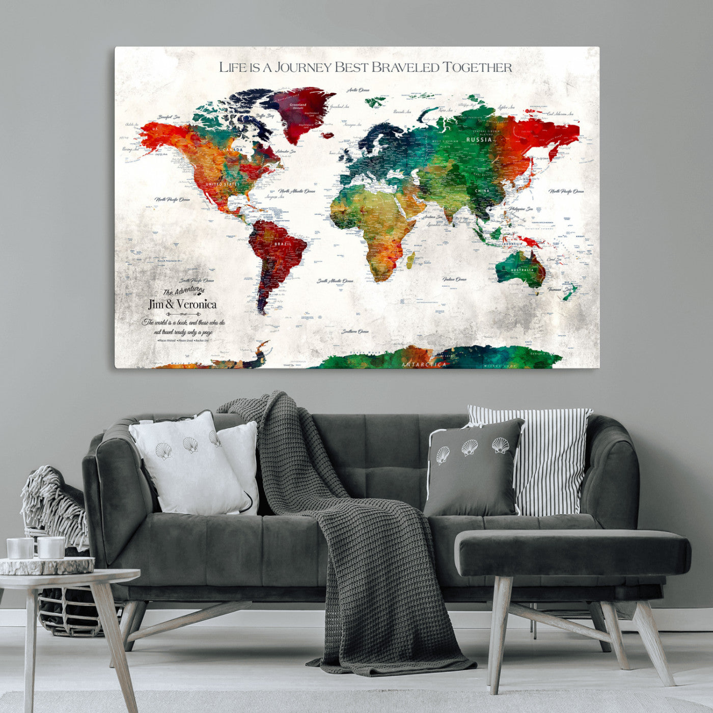 95876117-MGV-CV-36X24-Personalized World Map Wall Art – Colorful Watercolor Travel Map with Custom Names, Romantic Wall Decor for Couples, Wedding or