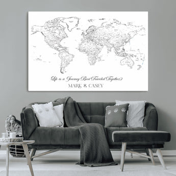 43438578-MGV-CV-36X24-Personalized World Map Wall Art – Black and White Minimal Travel Map with Custom Names, Elegant Wall Decor for Couples, Wedding or