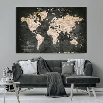 70534097-MGV-CV-36X24-Personalized World Map Wall Art – Dark Vintage Adventure Style Travel Map with Custom Names, Unique Wall Decor for Couples, Home