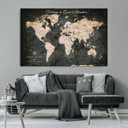 70534097-MGV-CV-36X24-Personalized World Map Wall Art – Dark Vintage Adventure Style Travel Map with Custom Names, Unique Wall Decor for Couples, Home