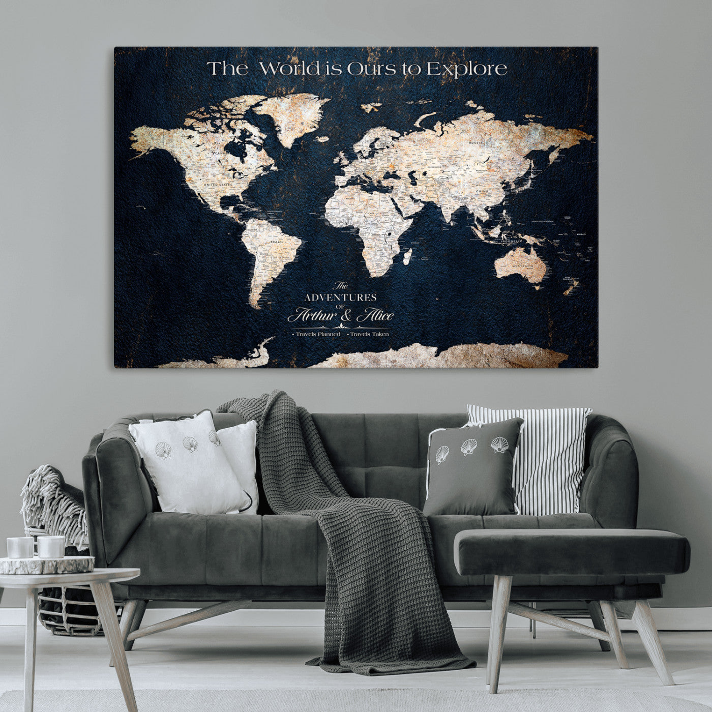 13231361-MGV-CV-36X24-Personalized World Map Wall Art – Navy Blue Vintage Adventure Travel Map with Custom Names, Elegant Push Pin Canvas for Couples