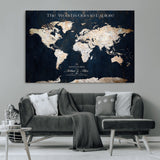 13231361-MGV-CV-36X24-Personalized World Map Wall Art – Navy Blue Vintage Adventure Travel Map with Custom Names, Elegant Push Pin Canvas for Couples