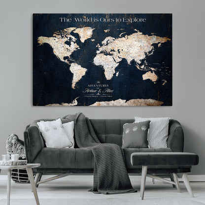 13231361-MGV-CV-36X24-Personalized World Map Wall Art – Navy Blue Vintage Adventure Travel Map with Custom Names, Elegant Push Pin Canvas for Couples