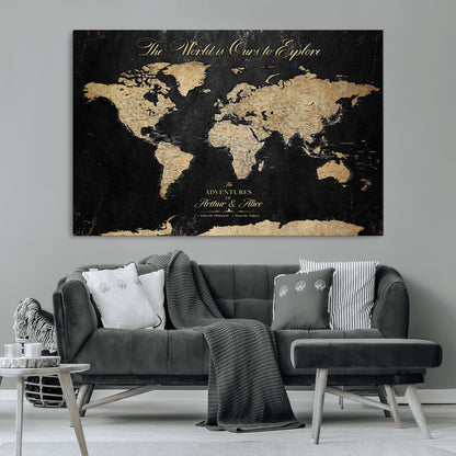 98947257-MGV-CV-36X24-Personalized World Map Wall Art – Vintage Black Adventure Travel Map with Custom Names, Elegant Push Pin Canvas for Couples Home