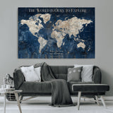 16933330-MGV-CV-36X24-Personalized World Map Wall Art – Navy Blue Vintage Travel Map with Custom Names, Anniversary Gift for Couples Romantic Adventure