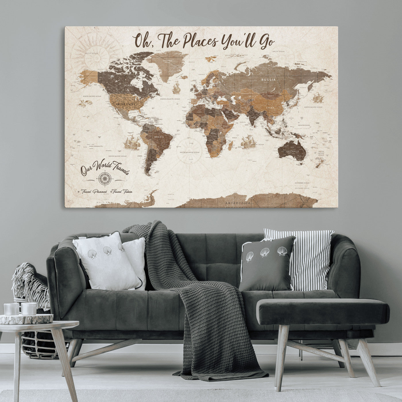 14140137-MGV-CV-36X24-Personalized World Map Wall Art – Vintage Nautical Adventure Map with Ships and Compass, Rustic Sepia Tones for Travel Lovers and