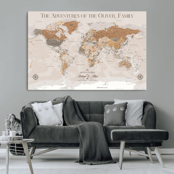34289723-MGV-CV-36X24-Personalized World Map Wall Art – Elegant Beige and Brown Adventure Map Canvas Print for Family Home, Living Room, Study or Office