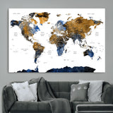 MGV-CV-36X24 - World Map Wall Art Canvas Print, Framed Blue Gold Map Art Picture Print, Rustic Atlas Perfect Rustic Modern Decor Artwork