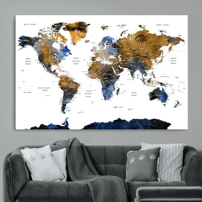 MGV-CV-36X24 - World Map Wall Art Canvas Print, Framed Blue Gold Map Art Picture Print, Rustic Atlas Perfect Rustic Modern Decor Artwork
