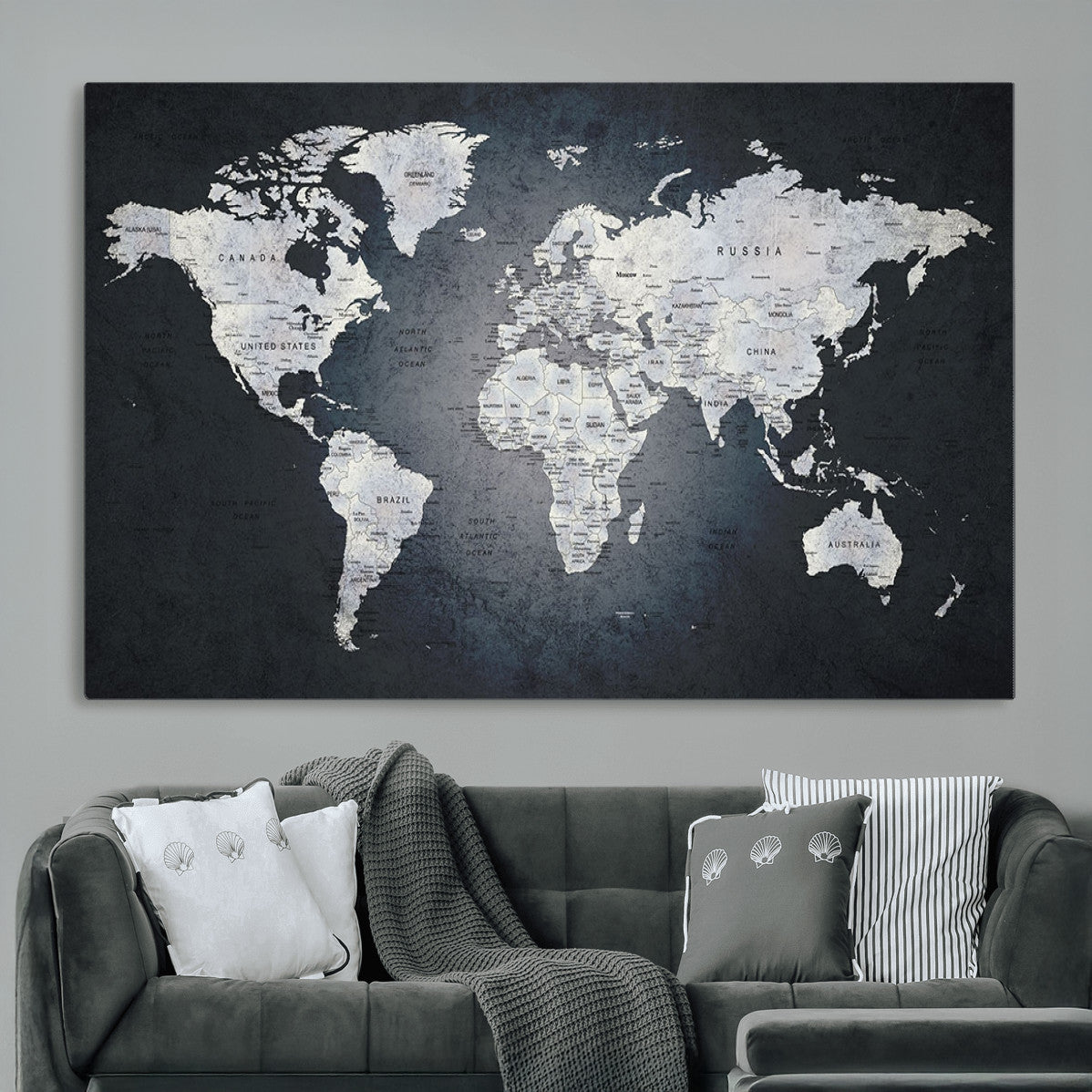 MGV-CV-36X24 - Monochrome World Map Wall Art Canvas Print, Framed Minimalist Map Art Picture Print, Modern Atlas Perfect Modern Minimalist Decor Artwork
