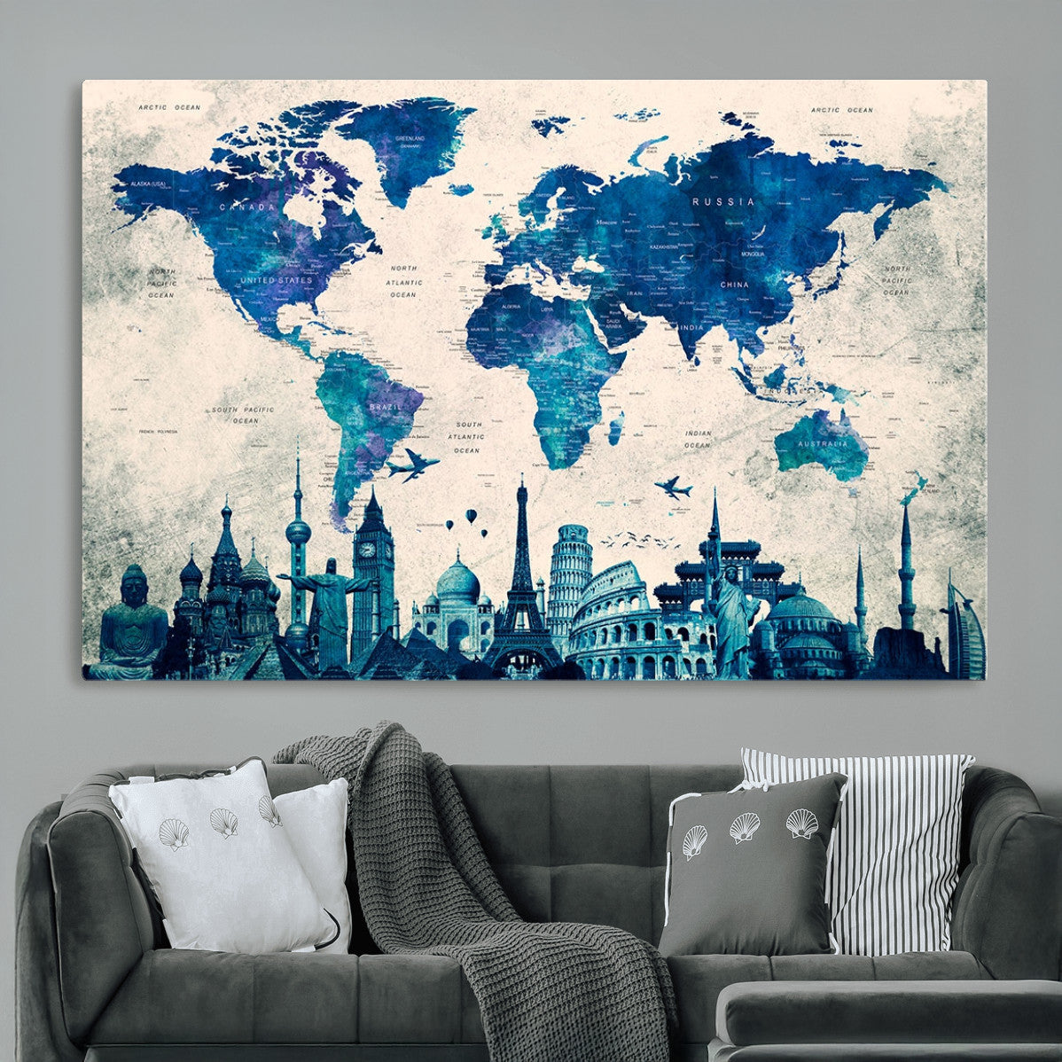 MGV-CV-36X24 - Blue World Map Wall Art Canvas Print, Framed Iconic Landmarks Art Picture Print, Blue Globe Map Perfect Elegant Explorer Decor Artwork
