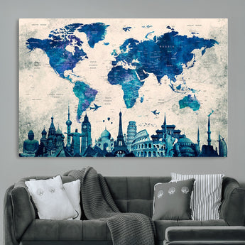 MGV-CV-36X24 - Blue World Map Wall Art Canvas Print, Framed Iconic Landmarks Art Picture Print, Blue Globe Map Perfect Elegant Explorer Decor Artwork