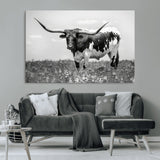 83785-MGV-CV-36X24-Texas Longhorn Wall Art Canvas Print, Framed Horned Bull Art Picture Print, Monochrome Cattle Perfect Rustic Western Decor Artwork