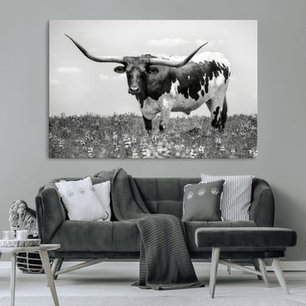 83785-MGV-CV-36X24-Texas Longhorn Wall Art Canvas Print, Framed Horned Bull Art Picture Print, Monochrome Cattle Perfect Rustic Western Decor Artwork