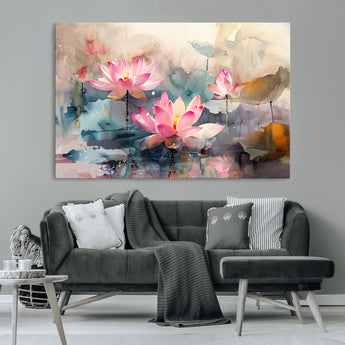 18414-MGV-CV-36X24-Pink Lotus Wall Art Canvas Print, Framed Water Lily Art Picture Print, Dreamy Floral Perfect Dreamy Botanical Decor Artwork