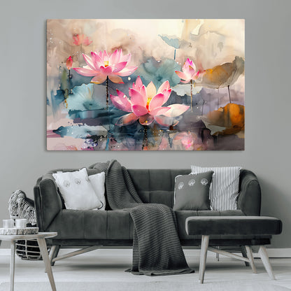 18414-MGV-CV-36X24-Pink Lotus Wall Art Canvas Print, Framed Water Lily Art Picture Print, Dreamy Floral Perfect Dreamy Botanical Decor Artwork
