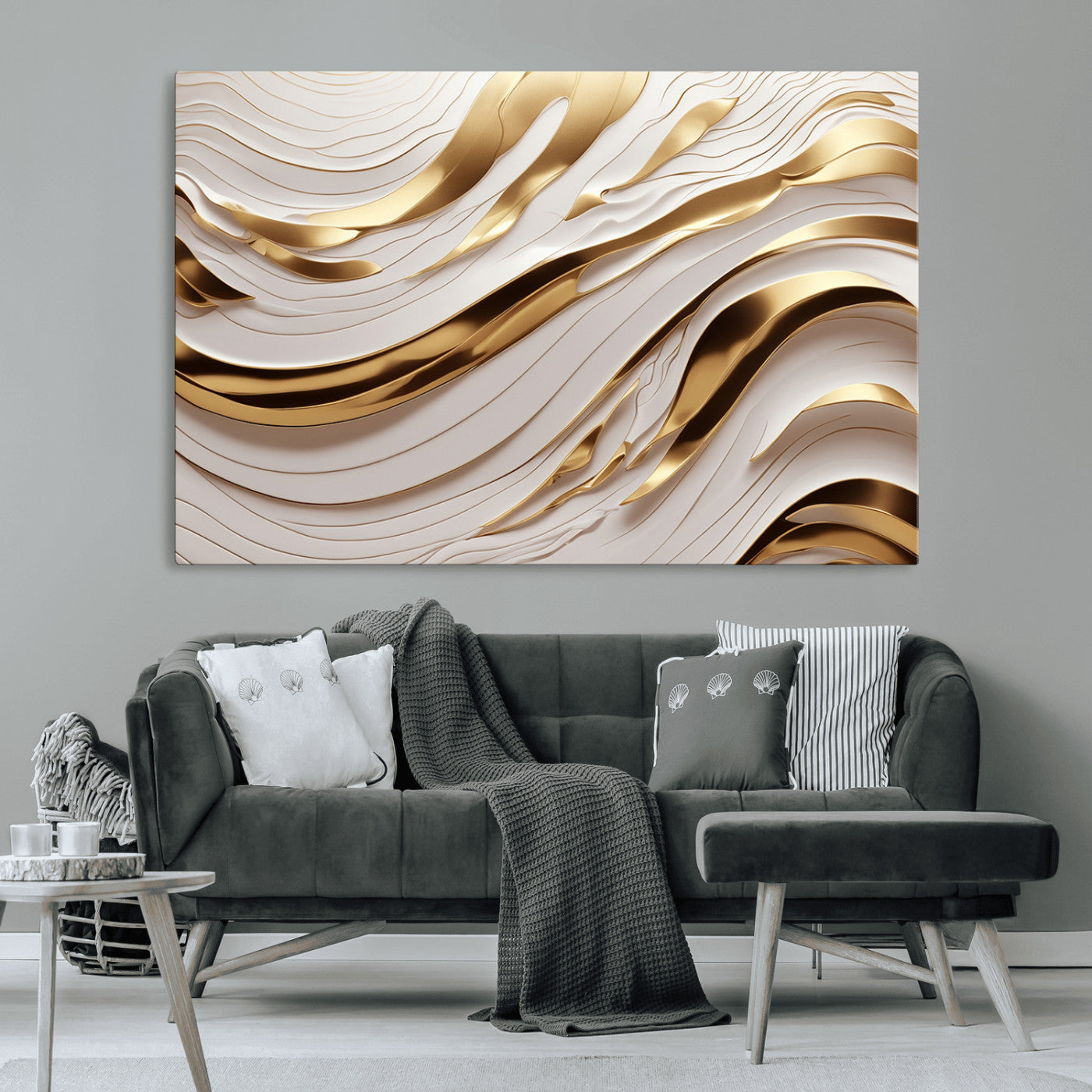 41237-MGV-CV-36X24-Gold Waves Wall Art Canvas Print, Framed Elegant Flow Art Picture Print, Luxury Layers Perfect Minimal Luxe Decor Artwork