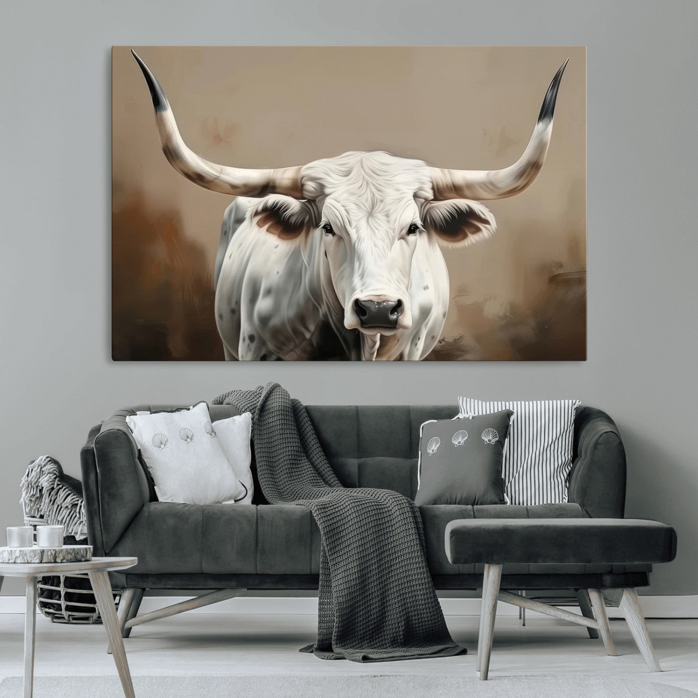 63550-MGV-CV-36X24-Texas Longhorn Wall Art Canvas Print, Framed White Bull Art Picture Print, Horned Cattle Perfect Rustic Western Decor Artwork