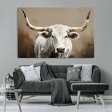 63550-MGV-CV-36X24-Texas Longhorn Wall Art Canvas Print, Framed White Bull Art Picture Print, Horned Cattle Perfect Rustic Western Decor Artwork