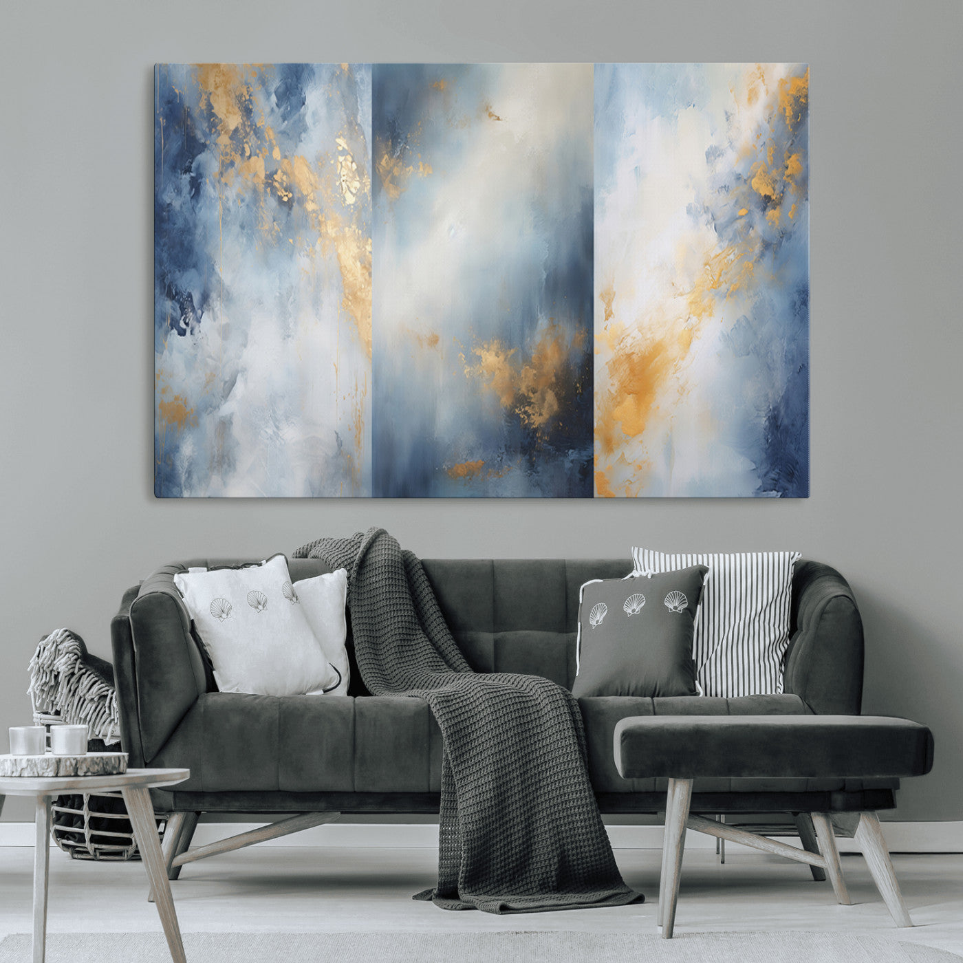 41836-MGV-CV-36X24-Abstract Gold Wall Art Canvas Print, Framed Blue Layers Art Picture Print, Elegant Cloud Perfect Elegant Minimalist Decor Artwork