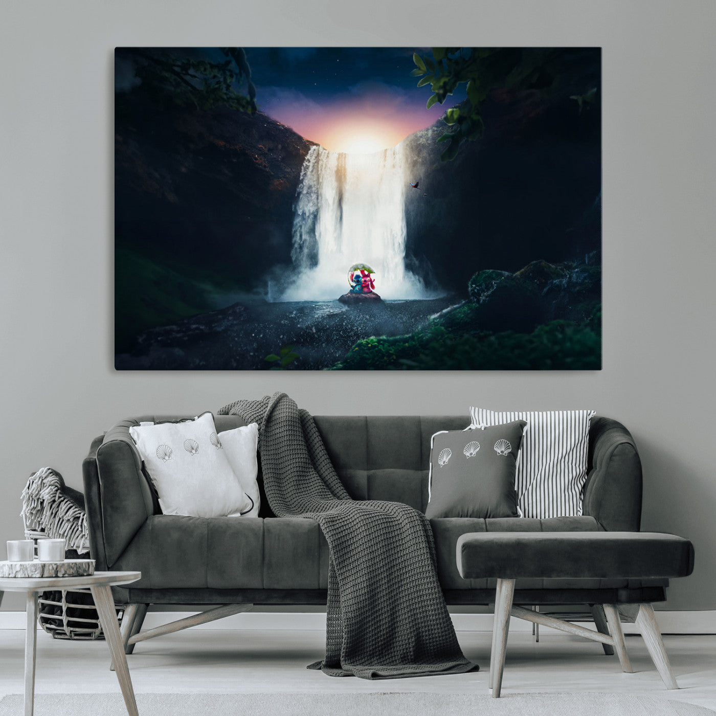 56359-MGV-CV-36X24-Lilo Stitch Wall Art Canvas Print, Framed Stitch Angel Art Picture Print, Cartoon Waterfall Perfect Tropical Fantasy Decor Artwork