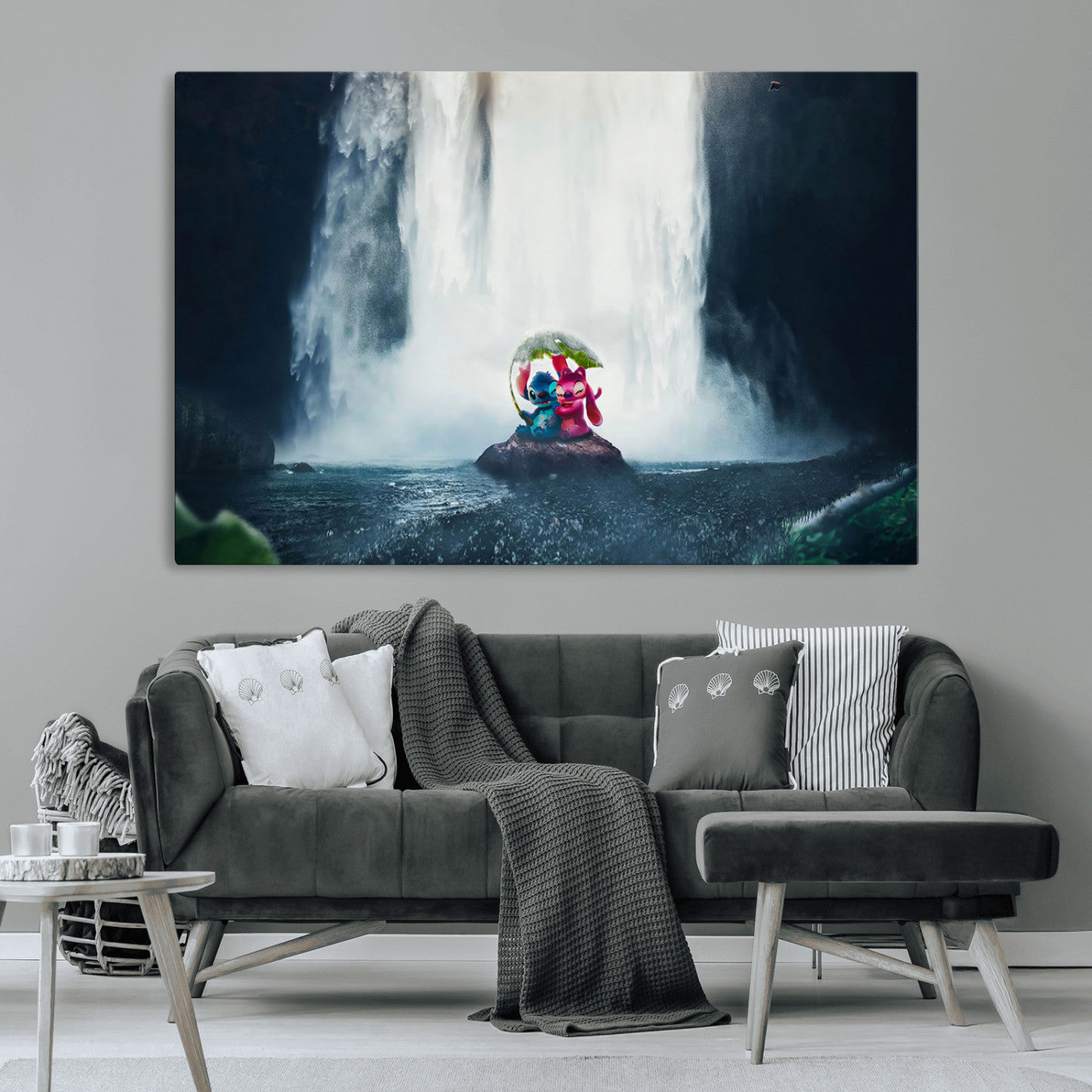 32259-MGV-CV-36X24-Stitch Angel Wall Art Canvas Print, Framed Stitch Waterfall Art Picture Print, Cartoon Couple Perfect Moody Fantasy Decor Artwork