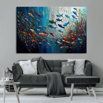 89626-MGV-CV-36X24-Fish Swarm Wall Art Canvas Print, Framed Abstract Ocean Art Picture Print, Underwater Life Perfect Vibrant Coastal Decor Artwork