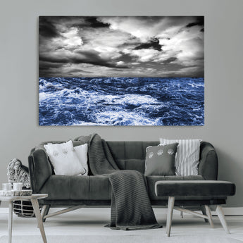91043-MGV-CV-36X24-Stormy Ocean Wall Art Canvas Print, Framed Moody Seascape Art Picture Print, Monochrome Sea Perfect Coastal Drama Decor Artwork