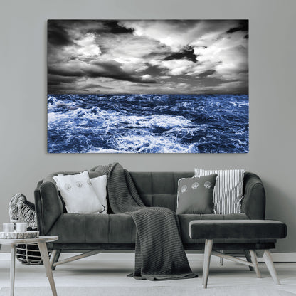 91043-MGV-CV-36X24-Stormy Ocean Wall Art Canvas Print, Framed Moody Seascape Art Picture Print, Monochrome Sea Perfect Coastal Drama Decor Artwork