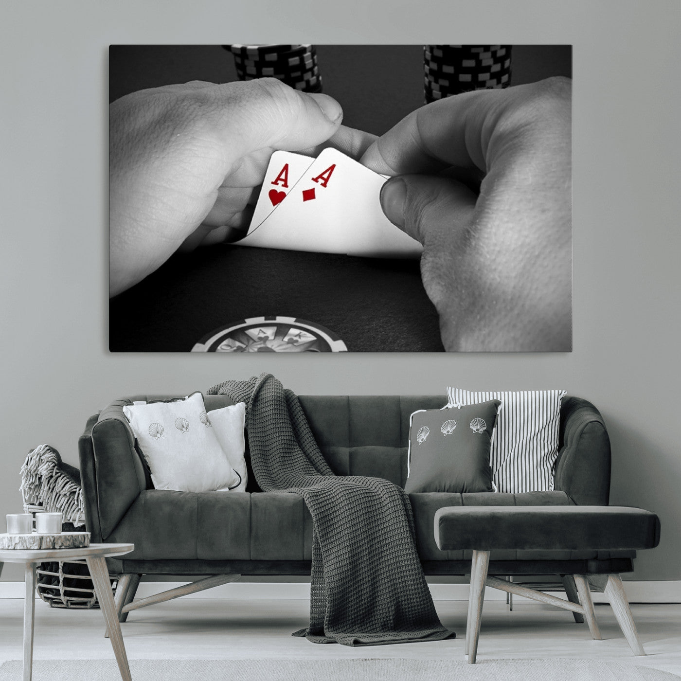 62460-MGV-CV-36X24-Poker Game Wall Art – Close Up of Hands Holding Aces with Chips, Casino Style Decor for Game Room, Man Cave or Office