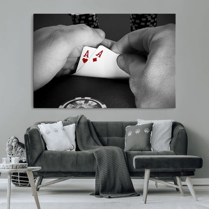 62460-MGV-CV-36X24-Poker Game Wall Art – Close Up of Hands Holding Aces with Chips, Casino Style Decor for Game Room, Man Cave or Office
