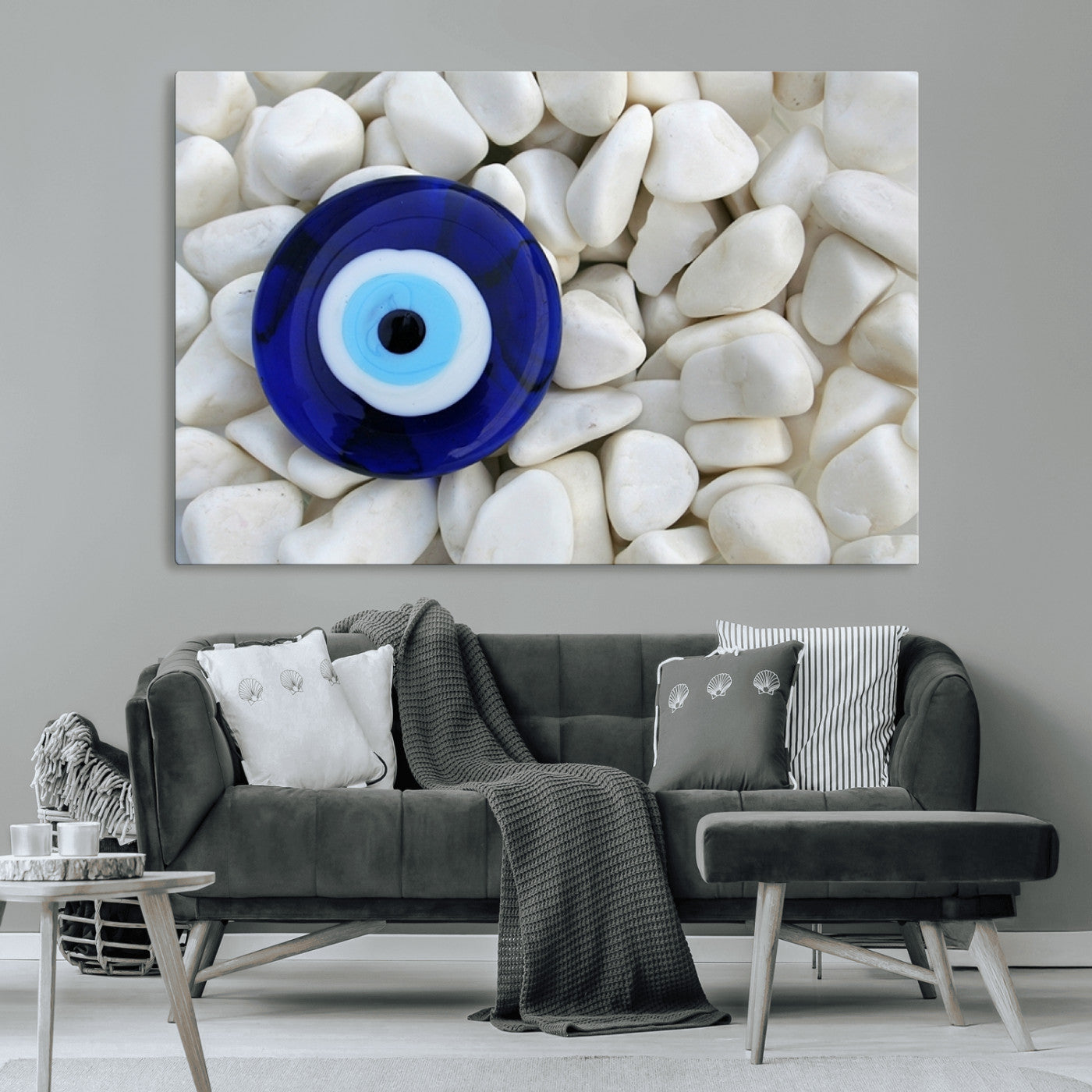 48883-MGV-CV-36X24-Evil Eye Wall Art – Deep Blue Symbol of Presence and Calm on White Stones, Subtle Spiritual Decor for Entryway, Studio, Office or